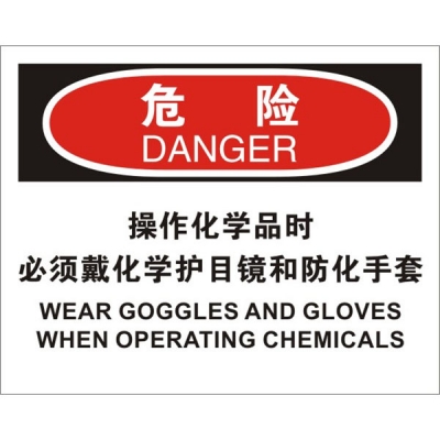 安赛瑞 SAFEWARE 31201 个人防护装备标识(危险操作化学品时必须戴化学护目镜和防化手套)高性能不干胶，250mm（W)×315mm(H)，中英文