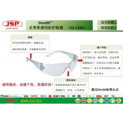 洁适比JSP 02-1100 Stealth(PF13) 史蒂斯透明防护眼镜