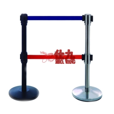 安赛瑞 SAFEWARE 14503 双层伸缩带隔离柱(不锈钢原色) 镜面不锈钢,铸铁配重盘,带长3m,高1000mm,立柱Φ63mm,底盘Φ350mm