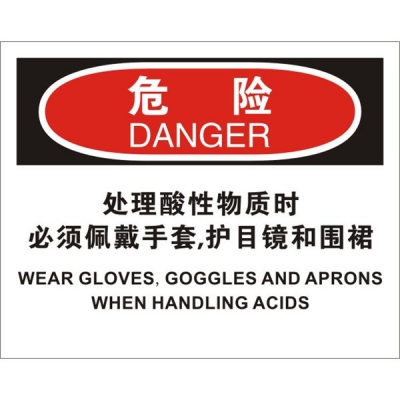 安赛瑞 SAFEWARE 31203 个人防护装备标识(危险处理酸性物质时必须佩带手套，护目镜和围裙)高性能不干胶，250mm（W)×315mm(H)，中英文