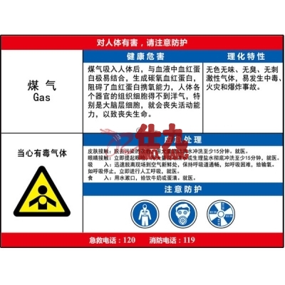 安赛瑞 SAFEWARE 14589 职业病危害告知卡（煤气）ABS板,600×450mm
