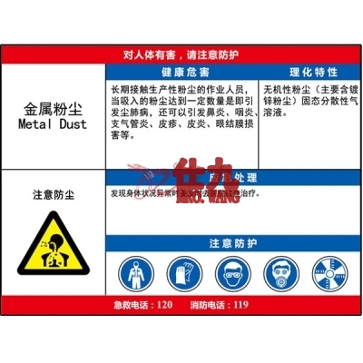 安赛瑞 SAFEWARE 14608 职业病危害告知卡(金属粉尘)ABS板,600×450mm