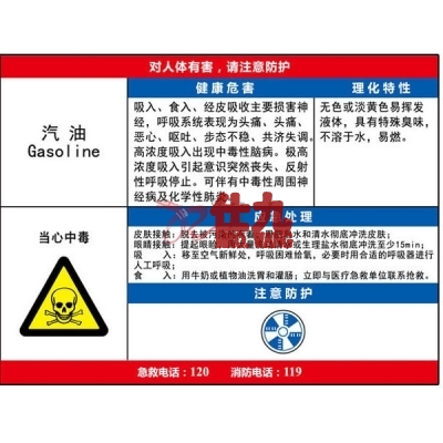 安赛瑞 SAFEWARE 14587 职业病危害告知卡（汽油）ABS板,600×450mm