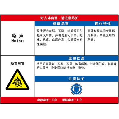 安赛瑞 SAFEWARE 14598 职业病危害告知卡（噪声）ABS板,600×450mm