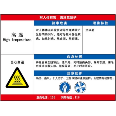 安赛瑞 SAFEWARE 14599 职业病危害告知卡（高温）ABS板,600×450mm