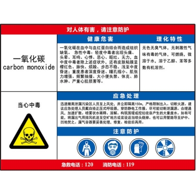 安赛瑞 SAFEWARE 14601 职业病危害告知卡（一氧化碳）ABS板,600×450mm