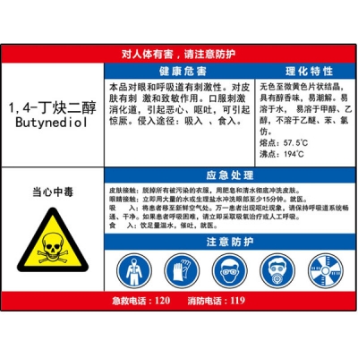 安赛瑞 SAFEWARE 14635 职业病危害告知卡（1,4-丁炔二醇）ABS板,600×450mm