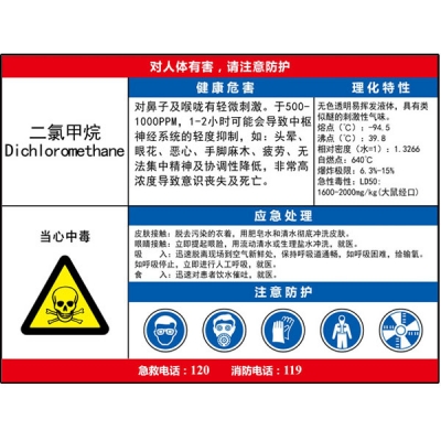 安赛瑞 SAFEWARE 14582 职业病危害告知卡（二氯甲烷）ABS板,600×450mm