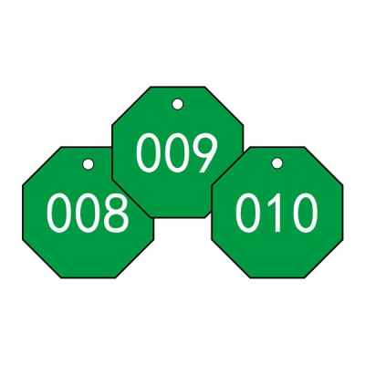 安赛瑞 SAFEWARE 14868 塑料号码吊牌 八边形,Φ31.8mm,绿底白字,号码从001到100,100个/包