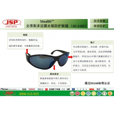 洁适比JSP 02-1102 Stealth(PF13) 史蒂斯多层膜水银防护眼镜