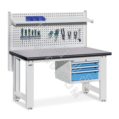 位邦车间重型工作台 三抽吊柜挂板工作桌 工厂装配操作台 铁板桌面1500*750*800+620