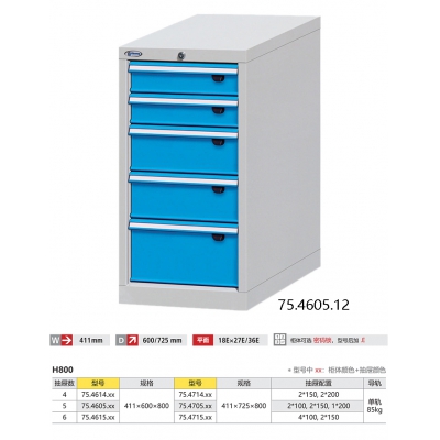 重型工具柜 五抽屉刀具零部件存储柜 位邦W411系列411*600*800 单轨承重85kg