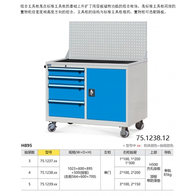 位邦组合工具车 带多功能挂板、工具柜和四层抽屉 单轨承重85kg