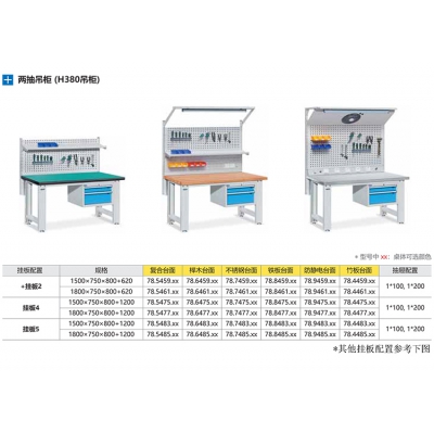 位邦重型工作台 带双抽吊柜、挂板钳工装配维修工作桌 榉木桌面1500*750*800+620