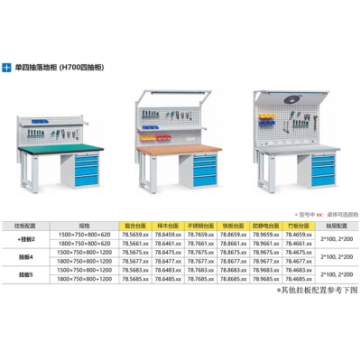 位邦重型工作台 带挂板四抽屉落地柜钳工工作桌 不锈钢桌面1500*750*800+620