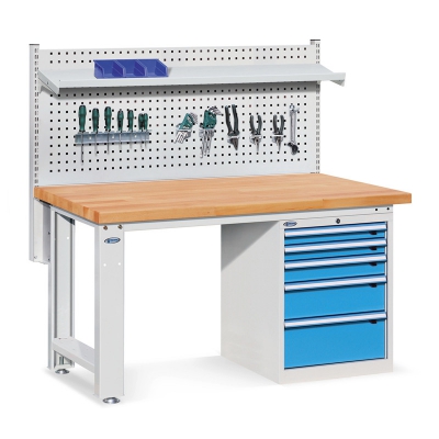 位邦重型工作台 带挂板五抽屉落地柜钳工操作台 榉木桌面工作桌1500*750*800+620