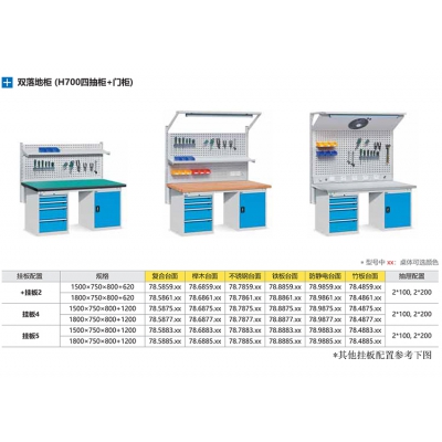 位邦双落地柜挂板重型工作台 多功能四抽柜门柜防静电工作桌1500*750*800+620