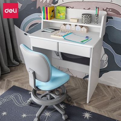 得力DL33442学习桌(白色)带双抽屉双层书架 环保桌板 101*85*50cm